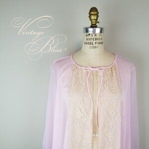 Vintage 1950's Pink Boudoir Sheer Bed Jacket with Ivory Lace By Vanity Fair Med
